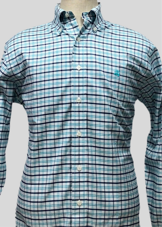 Camisa Brooks Brothers 🐑 color blanco con cuadros tartán en turquesa y negro Talla M Entalle Regular