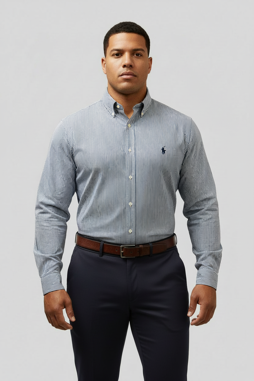 Camisa Polo Ralph Lauren 🏇🏼 de finas rayas azul navy y blanco Talla L Entalle Custom Fit