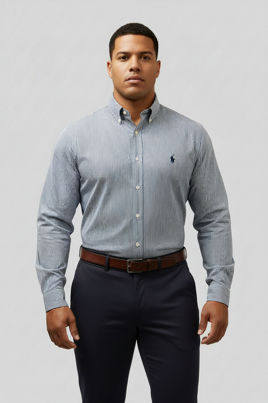 Camisa Polo Ralph Lauren 🏇🏼 de finas rayas azul navy y blanco Talla L Entalle Custom Fit