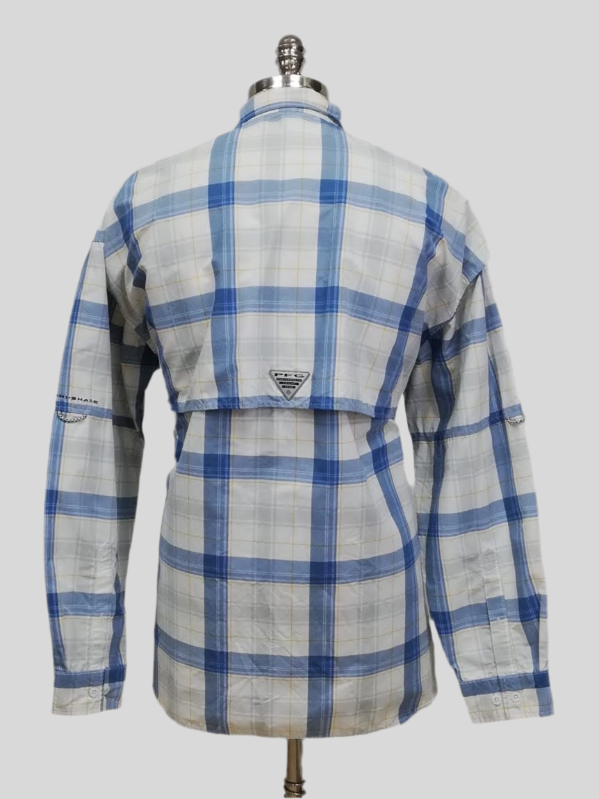 Camisa Columbia 🔹 Super Bahama Color blanco con patrón de cuadros en azul y gris Talla XXL