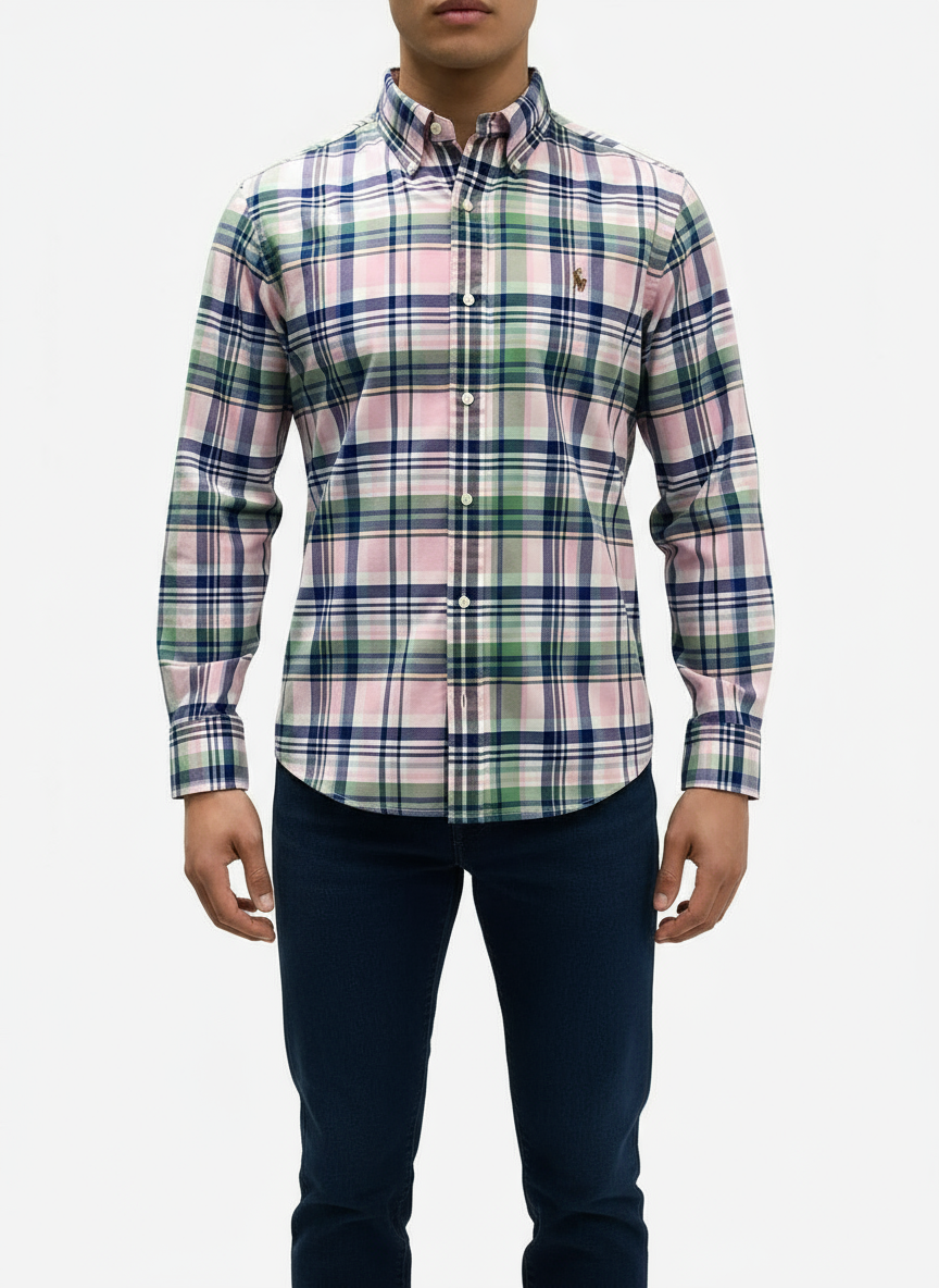 Camisa de botones Polo Ralph Lauren 🏇🏼 Oxford de cuadros tartán en color verde, rosado, azul y blanco Talla L Entalle Clásico