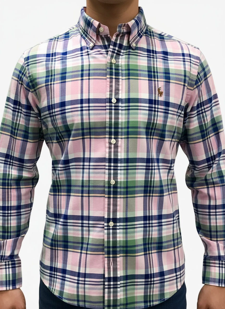 Camisa de botones Polo Ralph Lauren 🏇🏼 Oxford de cuadros tartán en color verde, rosado, azul y blanco Talla L Entalle Clásico