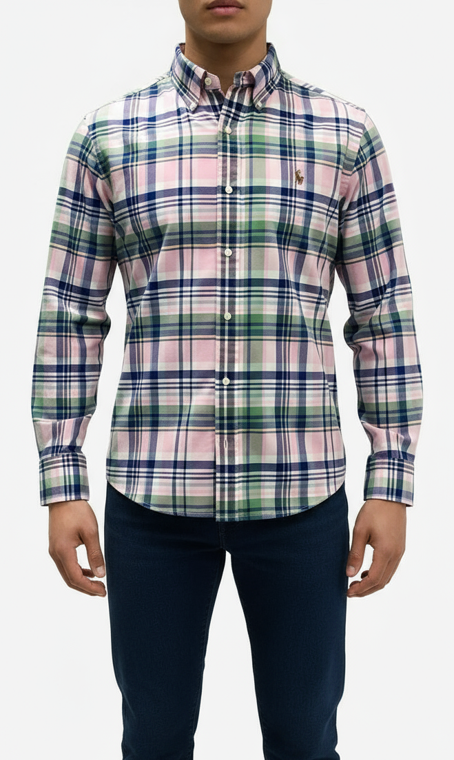 Camisa de botones Polo Ralph Lauren 🏇🏼 Oxford de cuadros tartán en color verde, rosado, azul y blanco Talla L Entalle Clásico
