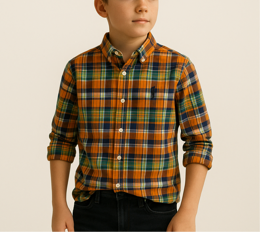 Camisa Polo Ralph Lauren 🏇🏼 con patron de cuadros en naranja, azul, verde y blanco Talla M (10-12) de niño Entalle Regular
