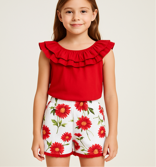 Conjunto de niña La hormiga 🐜 Blusa color rojo y short blanco con diseño de flores rojas Talla 8