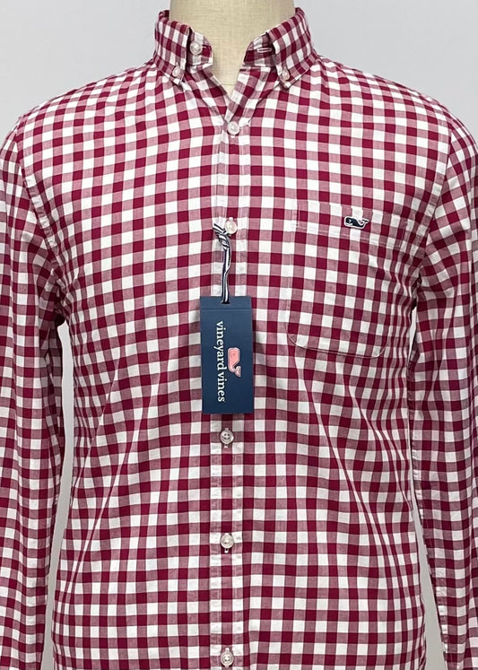 Camisa Vineyard Vines 🐳 con patron de cuadros gingham en color rojo oscuro y blanco Talla S Entalle Slim Fit