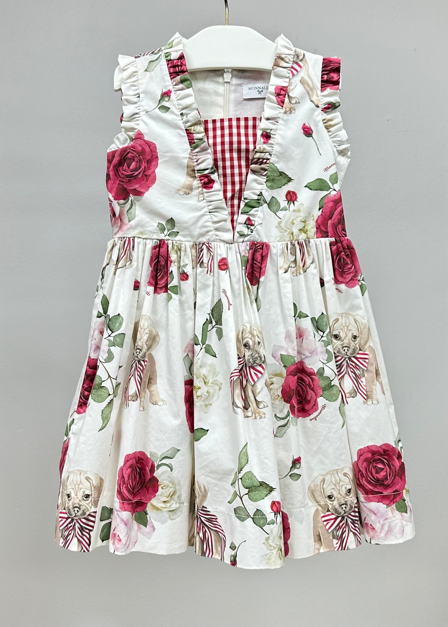 Vestido italiano de niña Monnalisa🎀 blanco con estampado de rosas y cachorros Talla 5