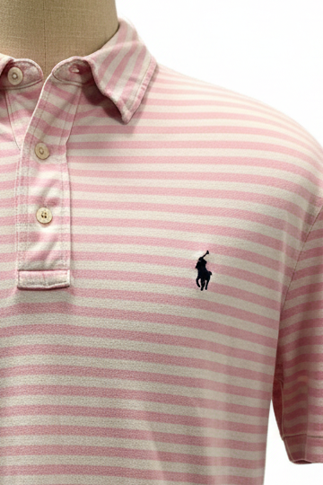 Camiseta Polo Ralph Lauren 🏇🏼 Featherweight Mesh De rayas en color rosado y blanco Talla XL Entalle Regular