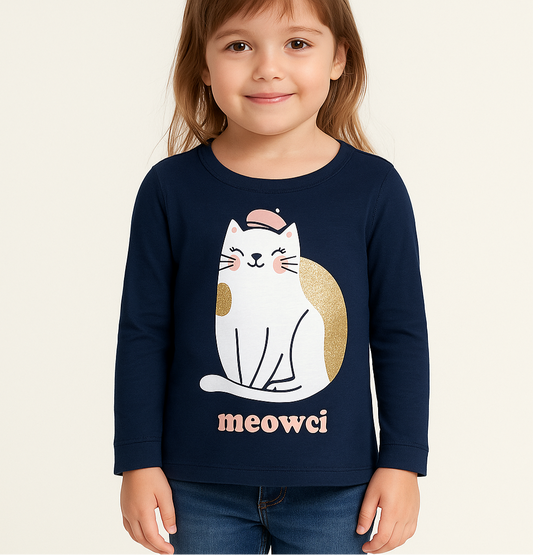 Camiseta de niña Oshkosh 🍬 Manga larga Color azul oscuro con estampado de gato Talla 4/5