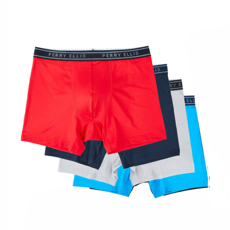 Paquete de 4 Boxer Perry Ellis Tela de microfibra con patrón en color negro, gris, rojo y celeste Talla M