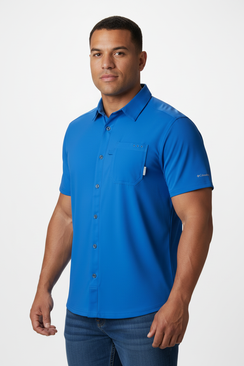 Camisa Columbia 🔹Modelo Slack Tide color azul royal con Omni Shade Manga corta