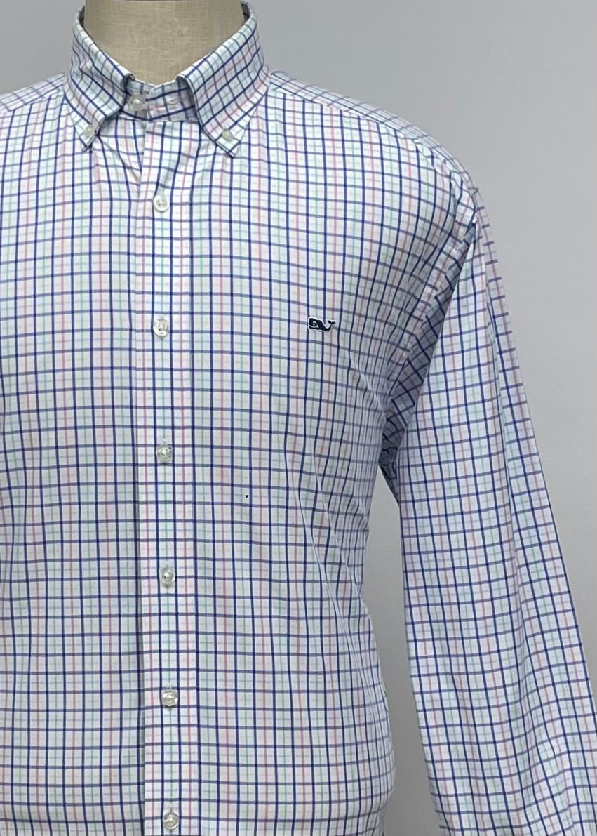 Camisa de botones Vineyard Vines 🐳 color blanco de cuadros en color verde, azul y rosado Talla L Entalle Regular