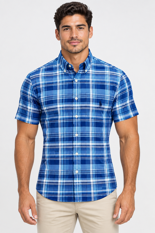 Camisa de botones Polo Ralph Lauren 🏇🏼 Oxford de cuadros en color azul, celeste y blanco Talla L Entalle Slim Fit