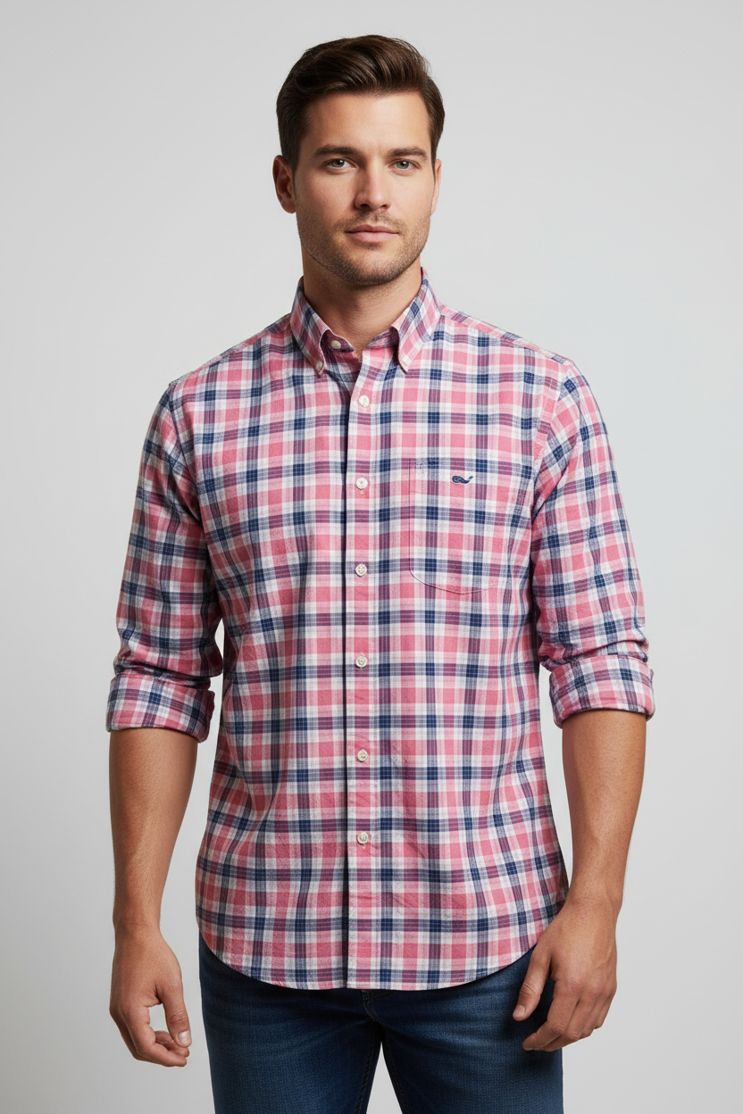 Camisa de botones Vineyard Vines 🐳 color blanco de cuadros en color rosado y azul Talla L Entalle Regular