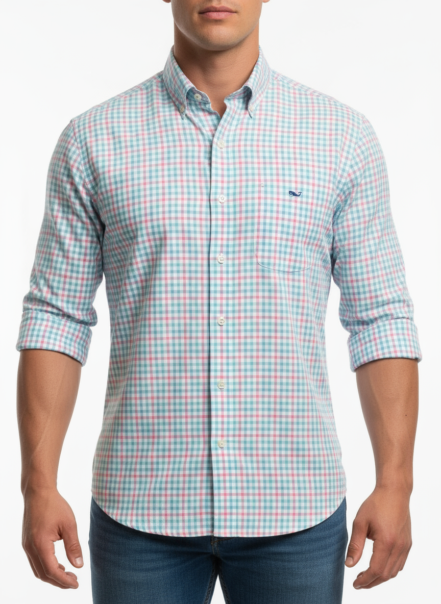 Camisa de botones Vineyard Vines 🐳 De Lino color Blanco con patrón de cuadros en azul y rosado Talla S Entalle Slim Fit