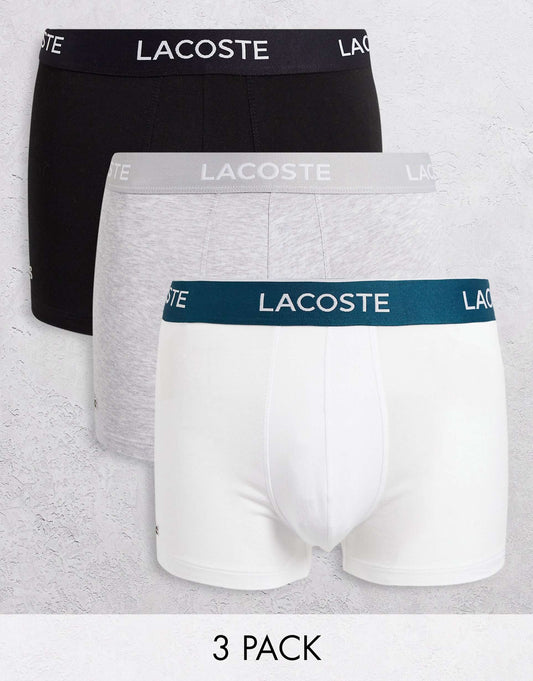 Paquete de 3 Boxer Briefs Lacoste 🐊 Tela algodón stretch color blanco, gris y negro Talla M