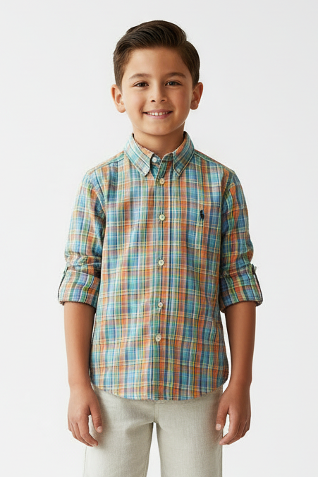 Camisa de niño Polo Ralph Lauren 🏇🏼 con patron de cuadros en celeste, naranja y verde Talla S (7) Entalle Regular
