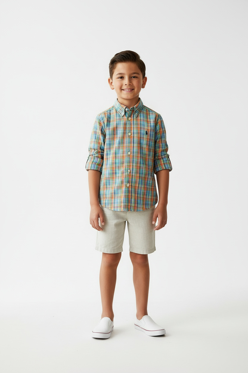 Camisa de niño Polo Ralph Lauren 🏇🏼 con patron de cuadros en celeste, naranja y verde Talla S (7) Entalle Regular