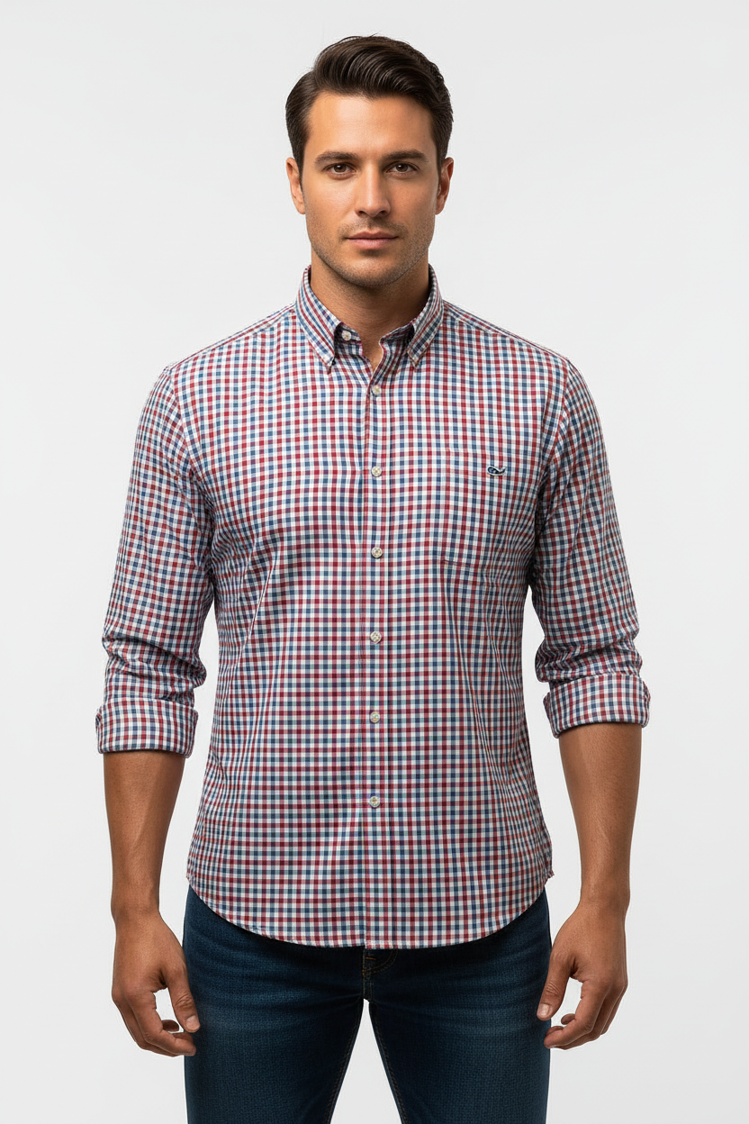 Camisa de botones Vineyard Vines 🐳 color blanco de cuadros en color rojo y azul Talla L Entalle Slim Fit