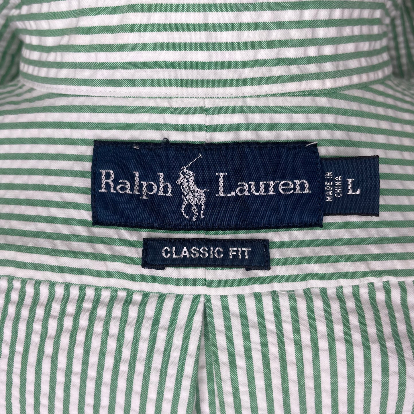 Camisa Polo Ralph Lauren 🏇🏼  Color blanco con patrón de rayas en verde Seersucker Talla L Entalle Clásico