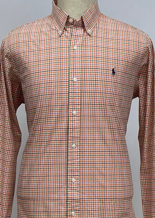 Camisa Polo Ralph Lauren 🏇🏼 color blanco con patrón de cuadros naranja, verde y azul Talla L Entalle Clásico