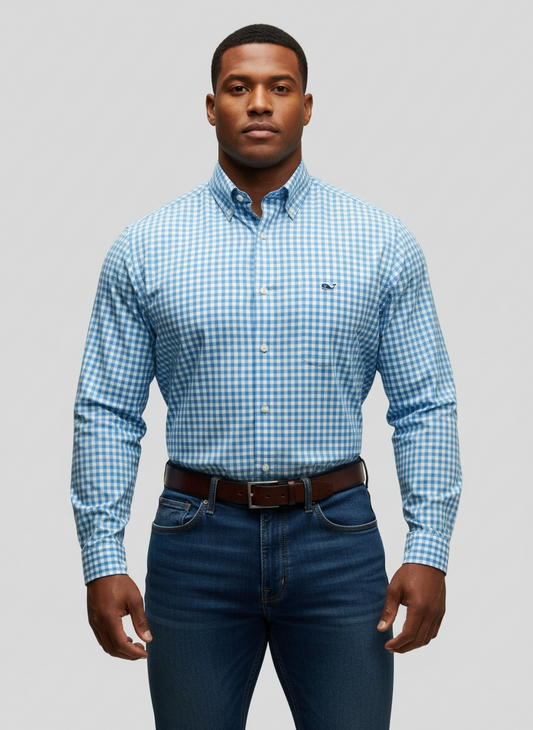 Camisa Vineyard Vines 🐳 con patron cuadros gingham en color celeste y blanco Talla S Entalle Clásico