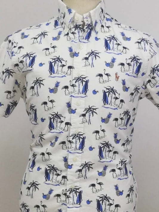 Camisa de botones Polo Ralph Lauren 🏇🏼 Oxford color blanco con diseño de isla en azul y negro Talla S Entalle Clásico