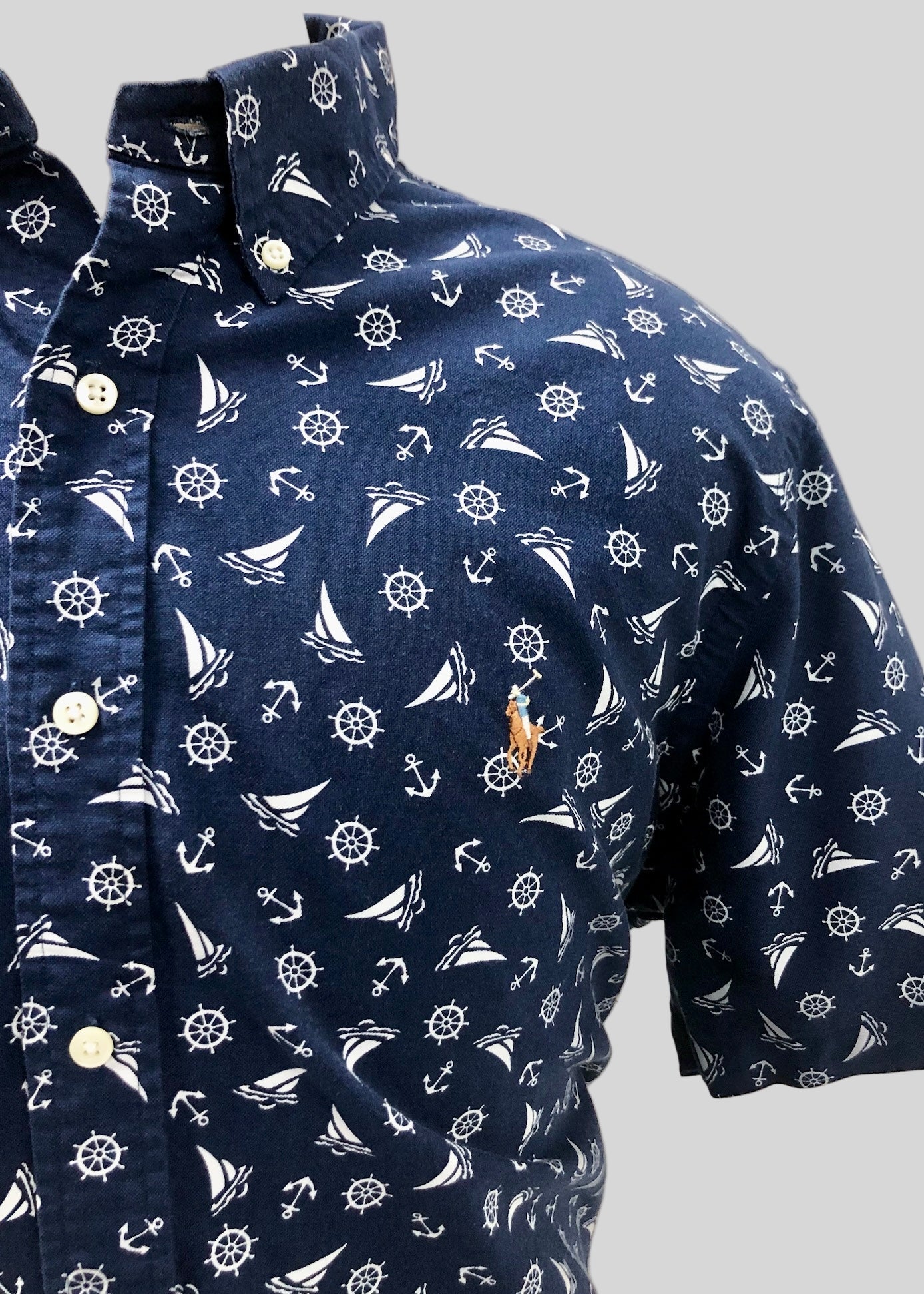 Camisa de botones Polo Ralph Lauren 🏇🏼 Oxford color azul navy con diseño de náutico en blanco Talla XL Entalle Clásico