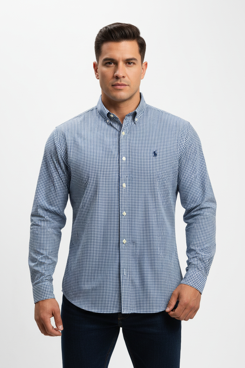 Camisa Polo Ralph Lauren 🏇🏼 Color blanco de cuadros en color celeste y azul Talla L Entalle Custom Fit