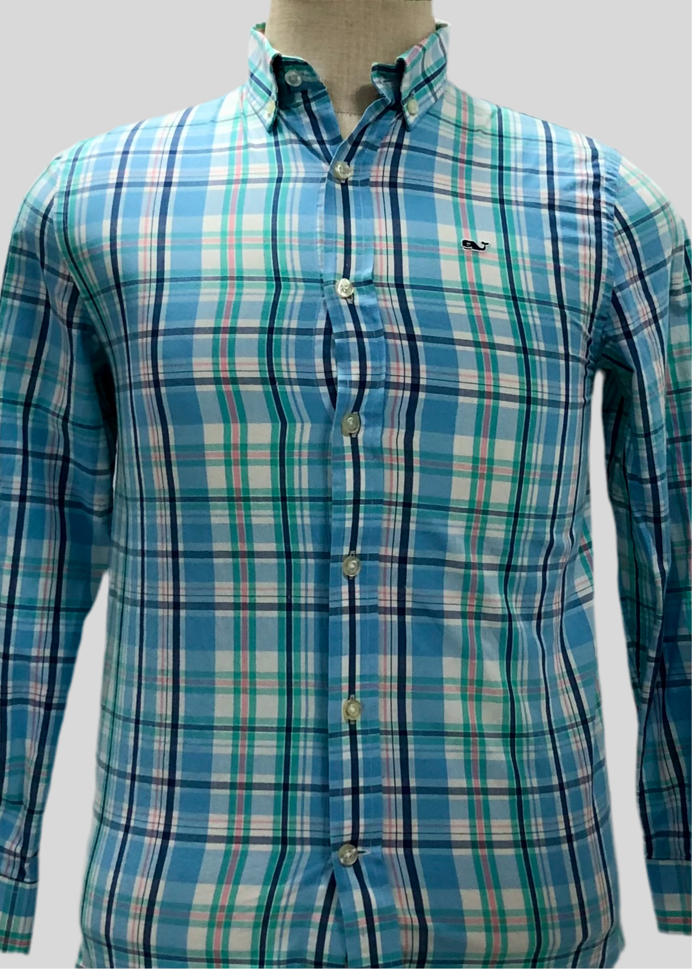 Camisa de niño Vineyard Vines 🐳 con patrón de cuadros en color verde, amarillo, azul y blanco Talla M (12-14) Entalle Regular