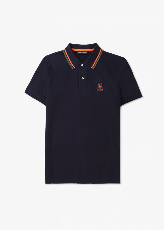 Camiseta Polo Psycho Bunny 🐰  Pique en color azul navy y naranja con diseño de cuello Talla M Entalle Regular