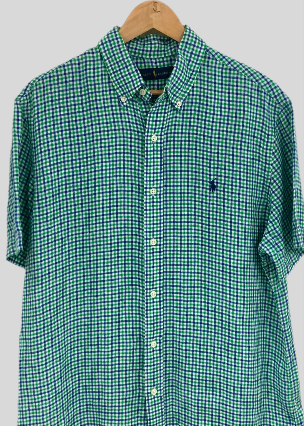 Camisa Polo Ralph Lauren 🏇🏼 De lino con patrón de cuadros verde, azul y blanco Talla L Entalle Regular