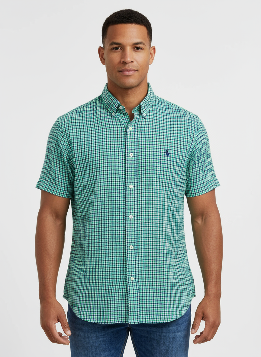 Camisa Polo Ralph Lauren 🏇🏼 De lino con patrón de cuadros verde, azul y blanco Talla L Entalle Regular