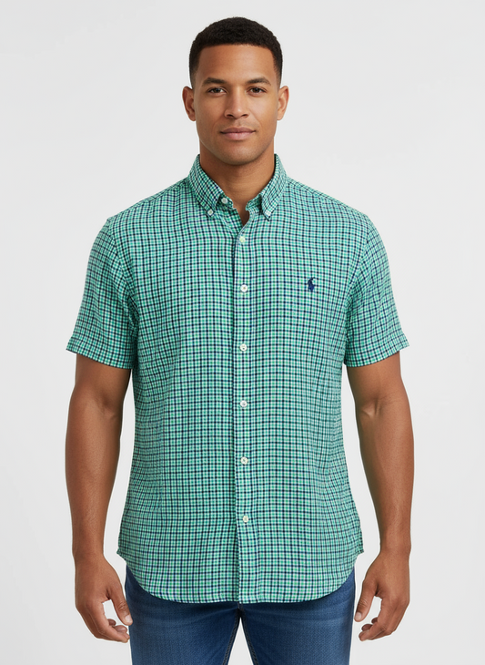 Camisa Polo Ralph Lauren 🏇🏼 De lino con patrón de cuadros verde, azul y blanco Talla L Entalle Regular
