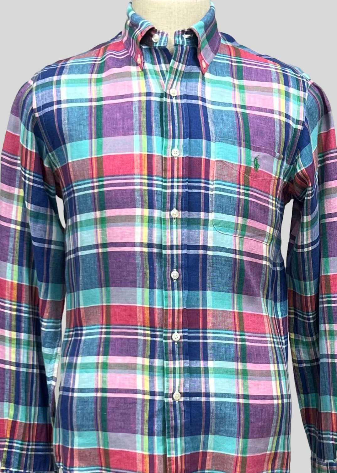 Camisa Polo Ralph Lauren 🏇🏼 de Lino con patron de cuadros tartán en color azul, verde y rojo Talla S Entalle Regular