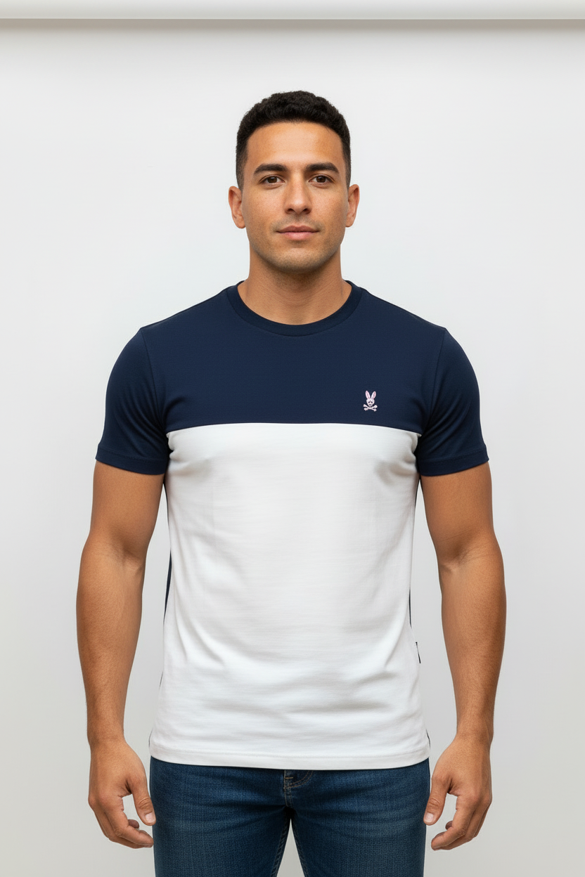 Camiseta cuello redondo Psycho Bunny 🐰 color negro y franja en color blanco Talla Small