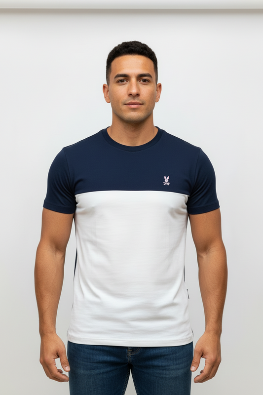 Camiseta cuello redondo Psycho Bunny 🐰 color negro y franja en color blanco Talla Small