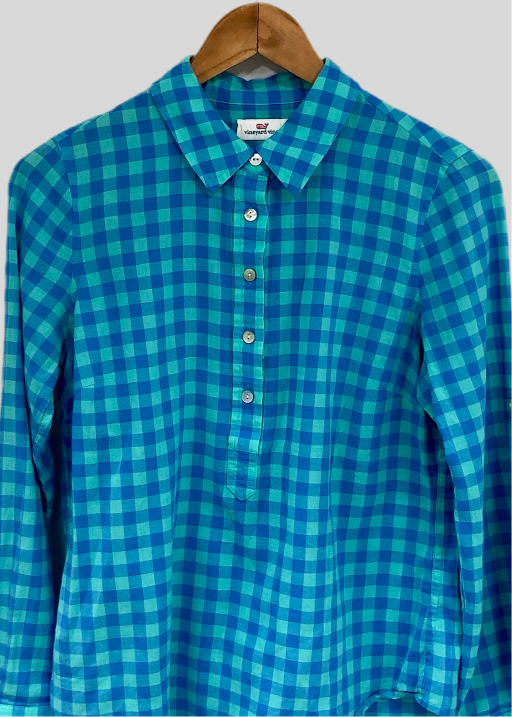 Camisa de mujer Vineyard Vines 🐳 con patrón de cuadros en azul y turquesa Talla S (4) Entalle Regular