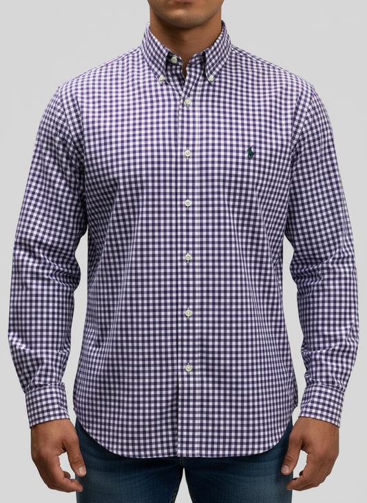 Camisa de botones Polo Ralph Lauren 🏇🏼 de cuadros gingham morado y blanco Talla L Entalle Regular (ver descripción)