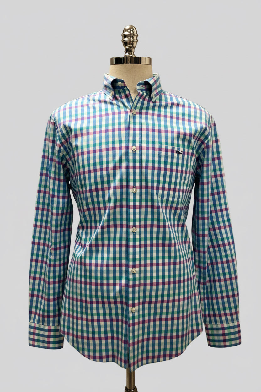 Camisa Vineyard Vines 🐳 Color blanco de cuadros en color rosado, azul y turquesa Talla M Entalle Clásico