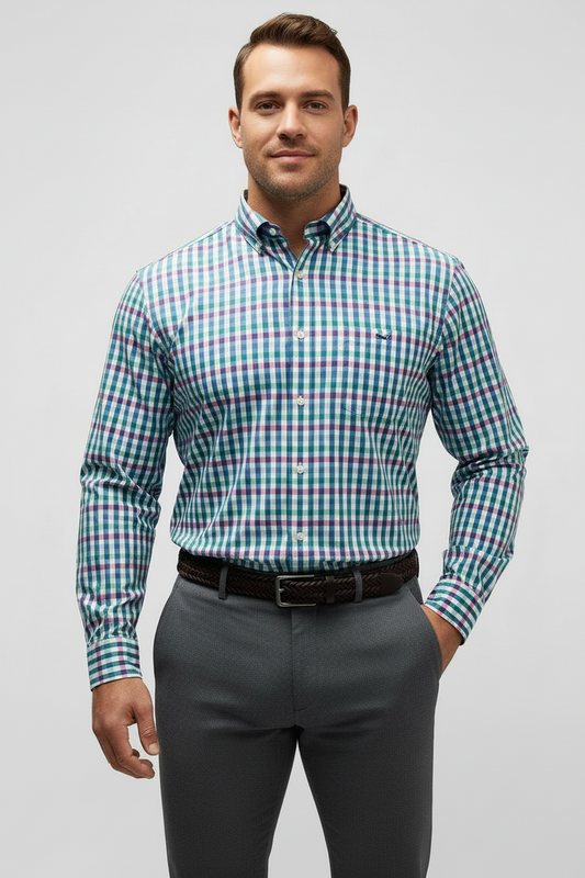 Camisa Vineyard Vines 🐳 Color blanco de cuadros en color rosado, azul y turquesa Talla M Entalle Clásico