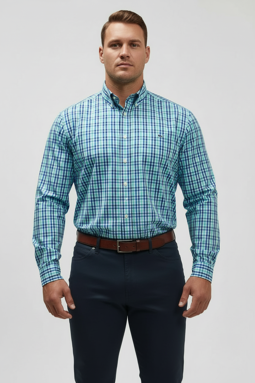 Camisa de botones Vineyard Vines 🐳 de cuadros en color azul, turquesa y blanco Talla M Entalle Slim Fit