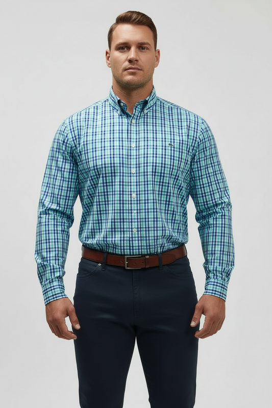 Camisa de botones Vineyard Vines 🐳 de cuadros en color azul, turquesa y blanco Talla M Entalle Slim Fit
