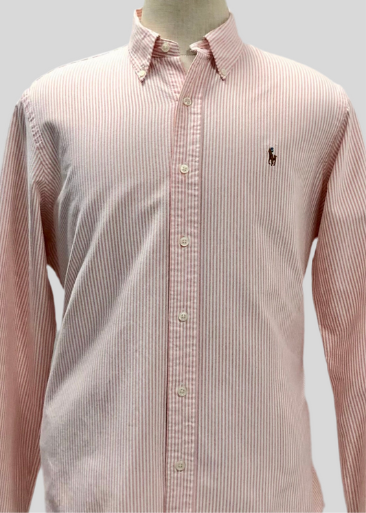 Camisa Polo Ralph Lauren 🏇🏼 Oxford de rayas en color salmón y blanco Talla L Entalle Regular
