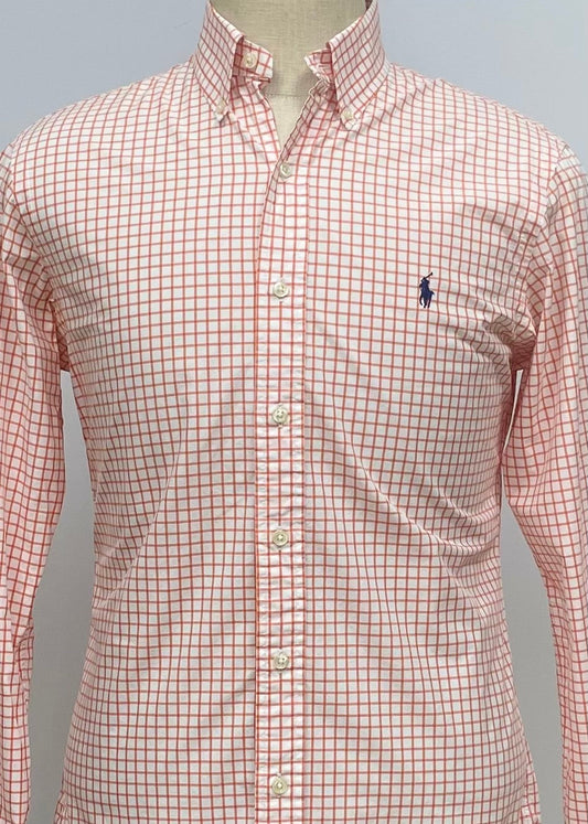 Camisa Polo Ralph Lauren 🏇🏼 color blanco con patron de cuadros naranja Talla L Entalle Slim Fit