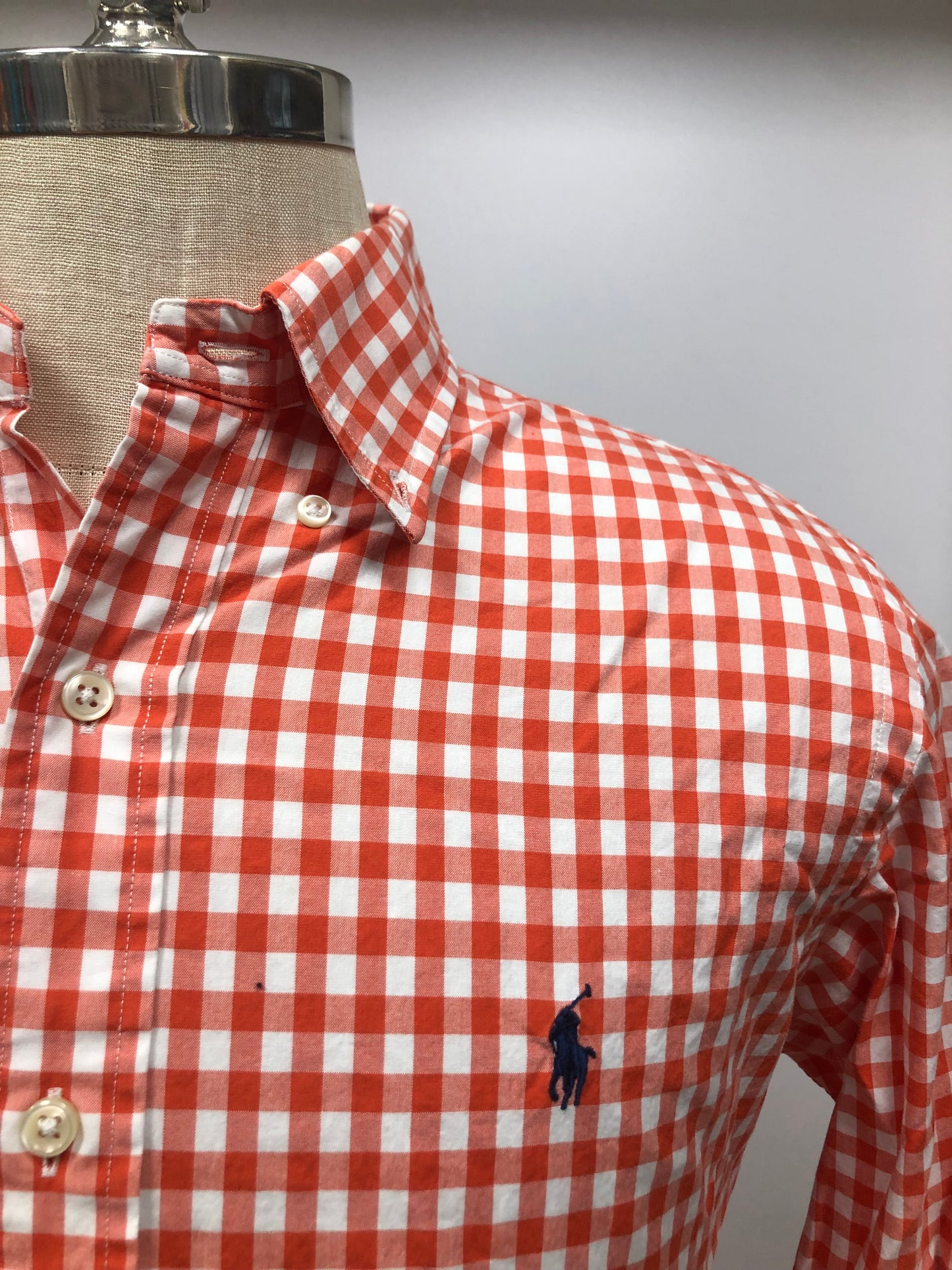Camisa Polo Ralph Lauren 🏇🏼 con patron de cuadros gingham naranja y blanco Talla M Entalle Custom Fit