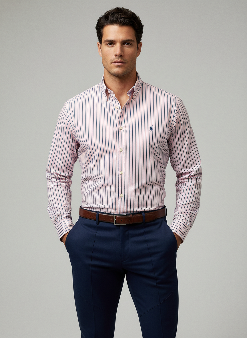 Camisa Polo Ralph Lauren 🏇🏼 Color rosado de rayas en color azul y blanco Talla L Entalle Custom Fit