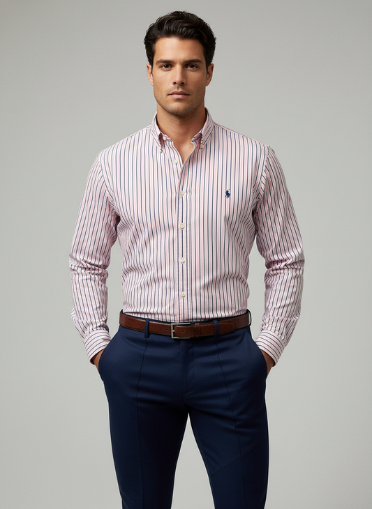 Camisa Polo Ralph Lauren 🏇🏼 Color rosado de rayas en color azul y blanco Talla L Entalle Custom Fit