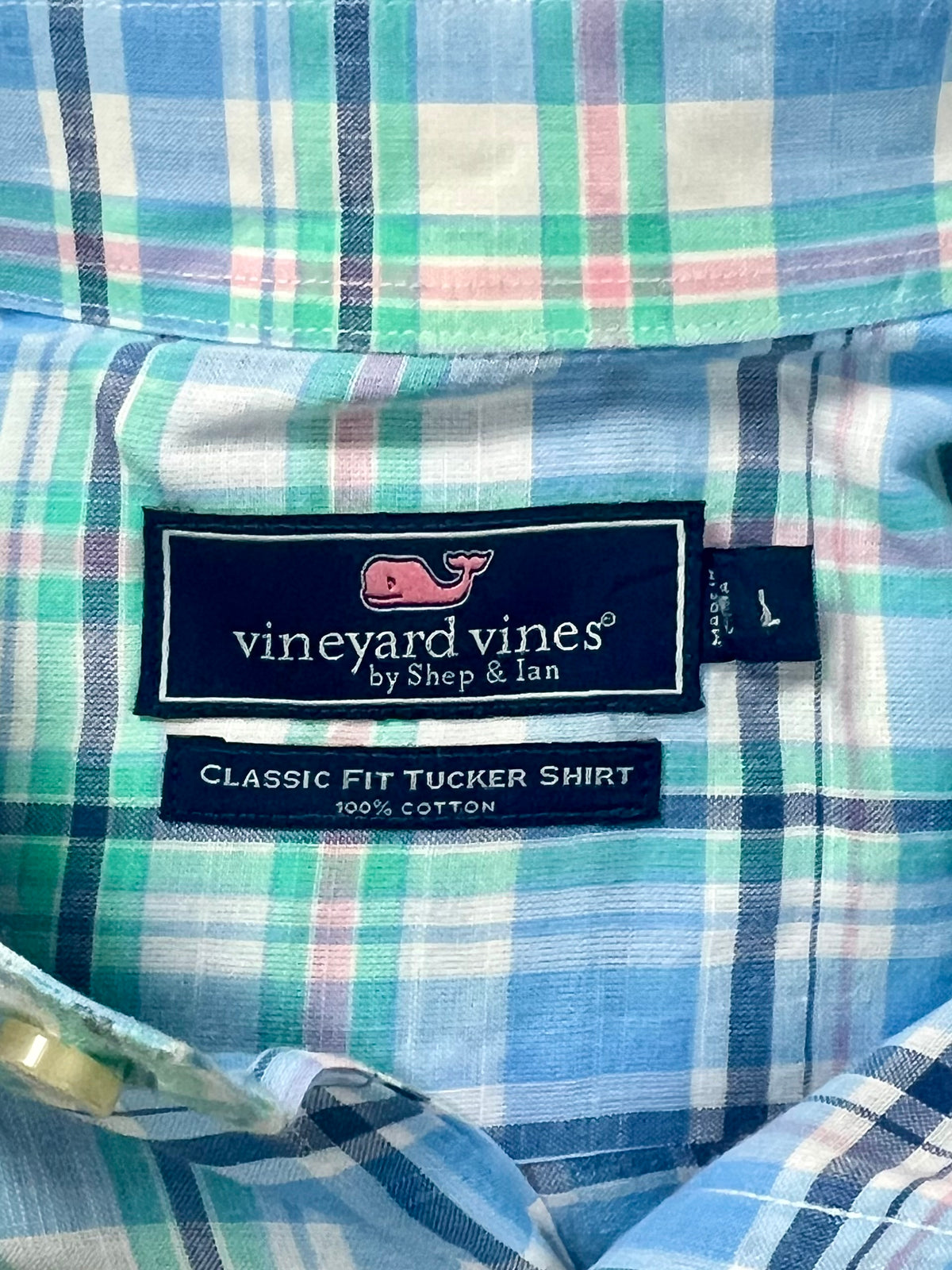 Camisa de botones Vineyard Vines 🐳 color blanco de cuadros en verde, celeste y azul Talla L Entalle Clásico