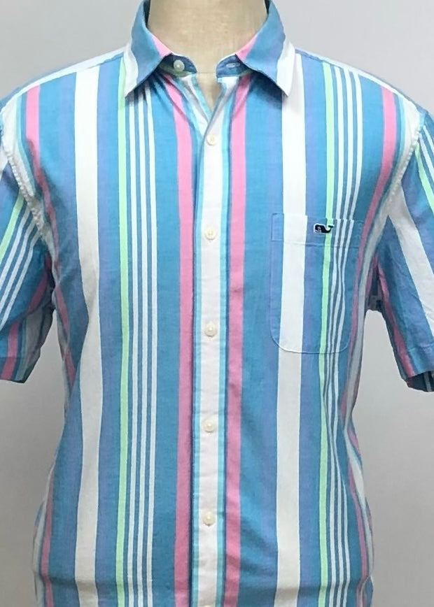 Camisa de botones Vineyard Vines 🐳 con patrón de rayas en color celeste, blanco y rosado Talla L Entalle Regular